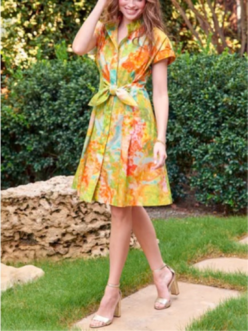 Finley Green and Orange Floral Tie-Waist Shirt Dress